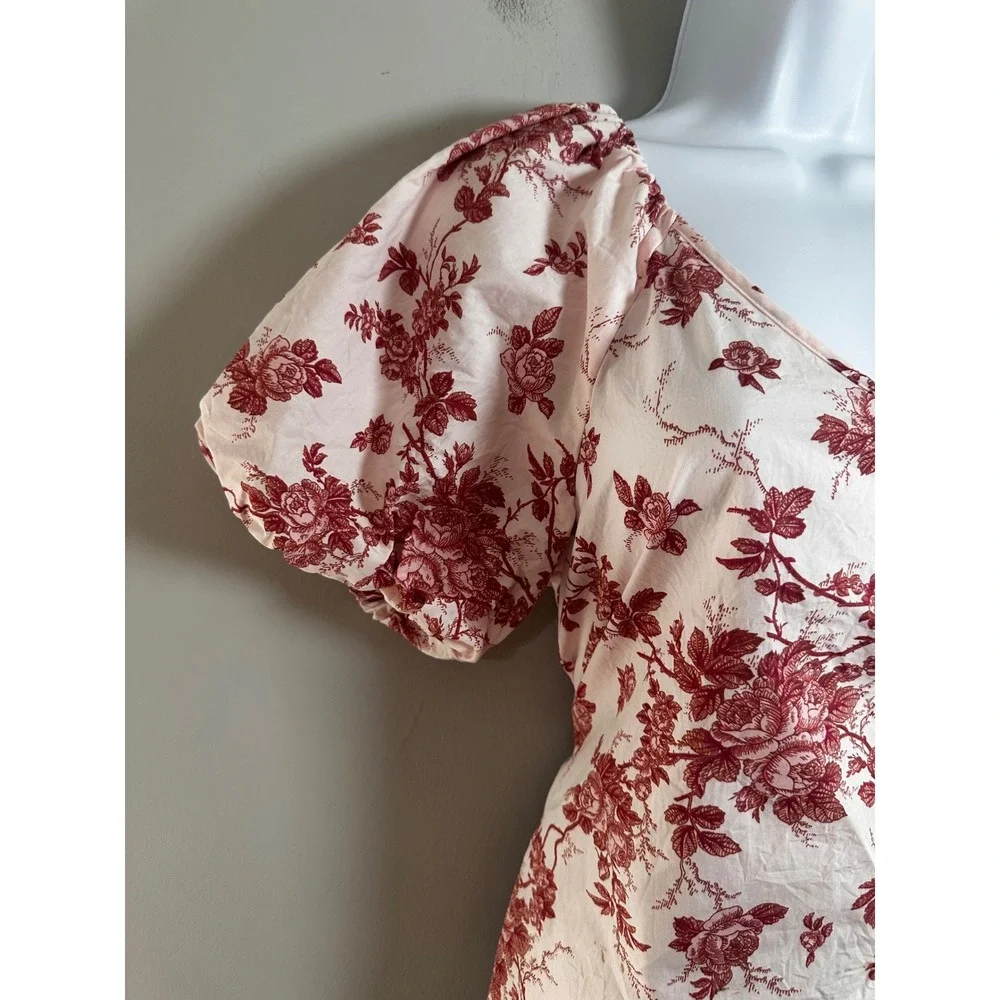 Banana Republic Pink Red Floral Toile Puff Sleeve V-Neck Cotton Blouse‎ Small S